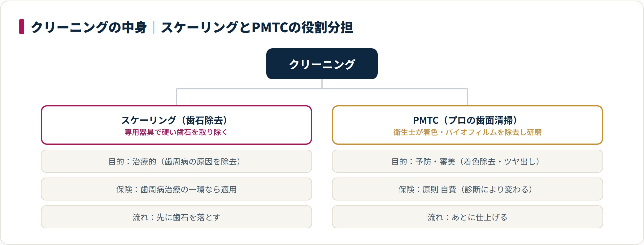 クリーニングがスケーリングとPMTCに分かれ、治療的な歯石除去と予防・審美の歯面清掃という役割の違いを示したツリー図。